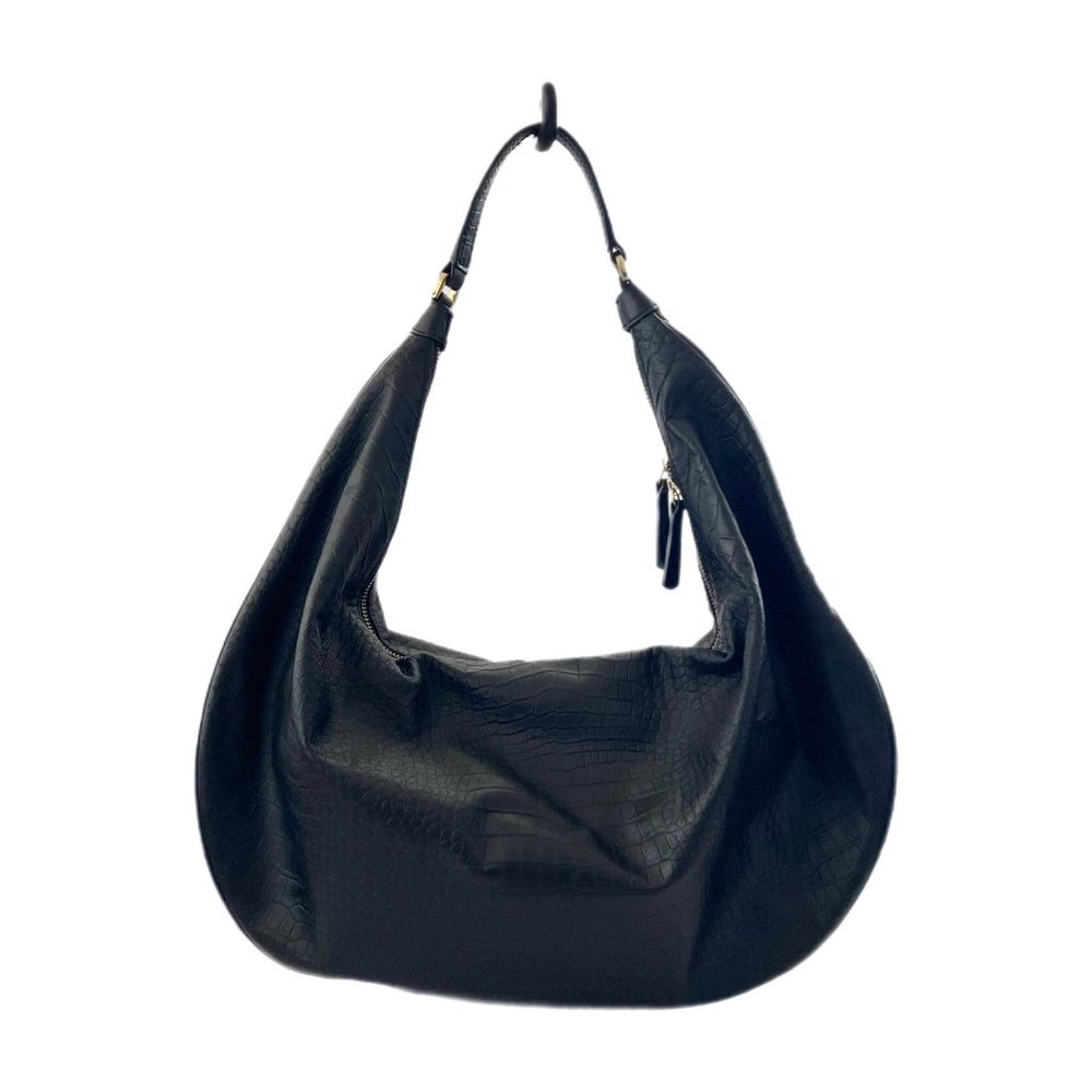 STAUD Large Sasha Black Leather Croc Embossed Shoulder Bag